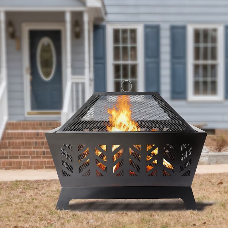 25.9" Square Outside Fire Pit Black Iron Fire Pit with Lid Cover